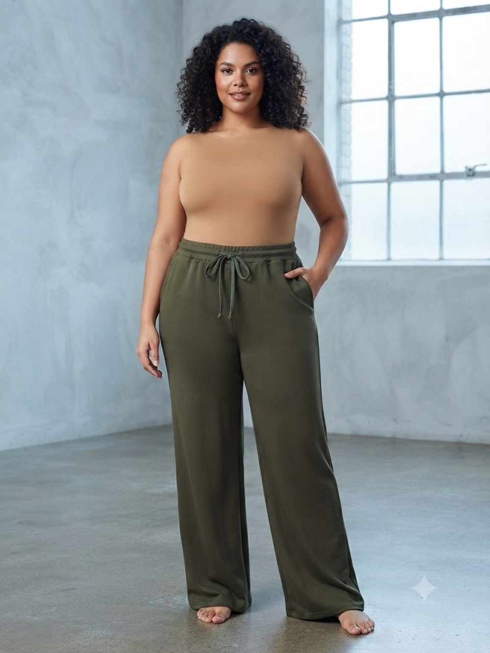 Plus Size Olive Wide-Leg Drawstring Pants